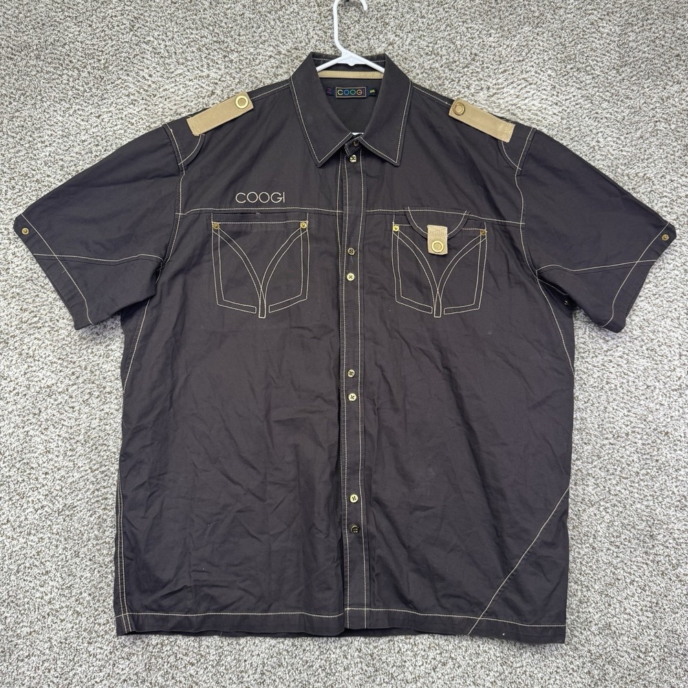 Coogi Shirt Men's Size 3XL XXXL Brown Button Up Heavy Short Sleeve Y2K Baggy VTG
